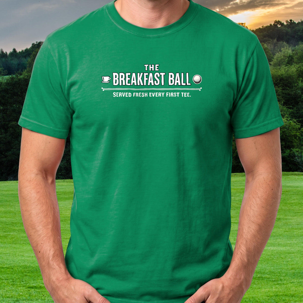 The Fresh Breakfast Ball Tee worn on the golf course, Irish Green