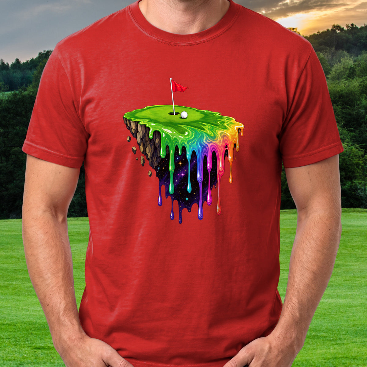 The Green Melts Tee worn on the golf course, Red