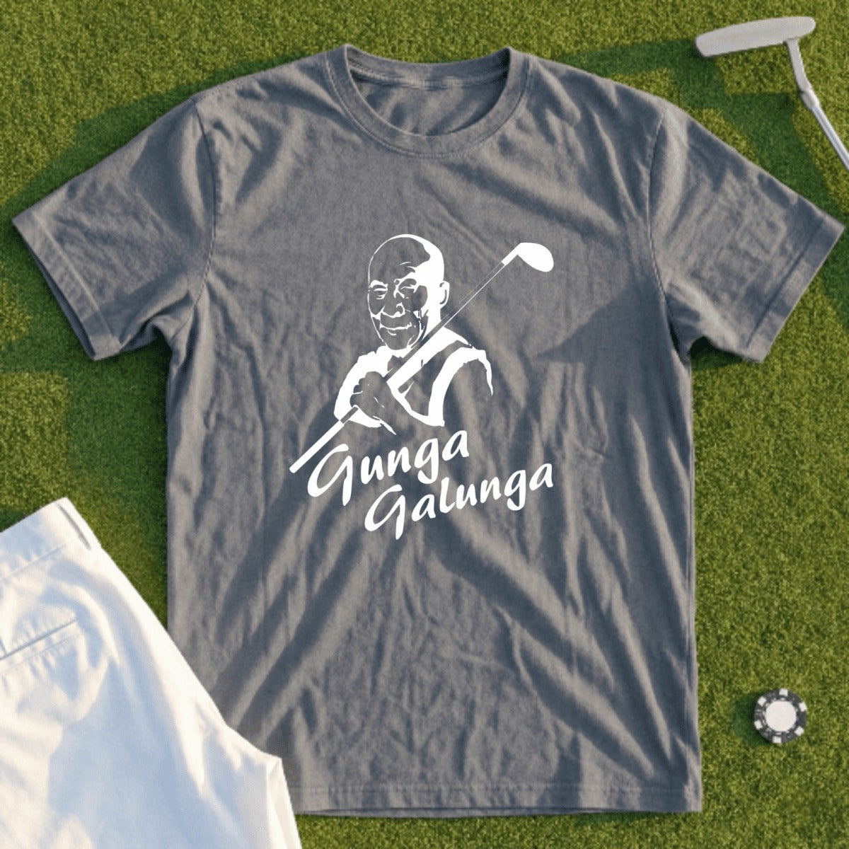 Grey t-shirt with "Gunga Galunga" text and a golfer graphic.
