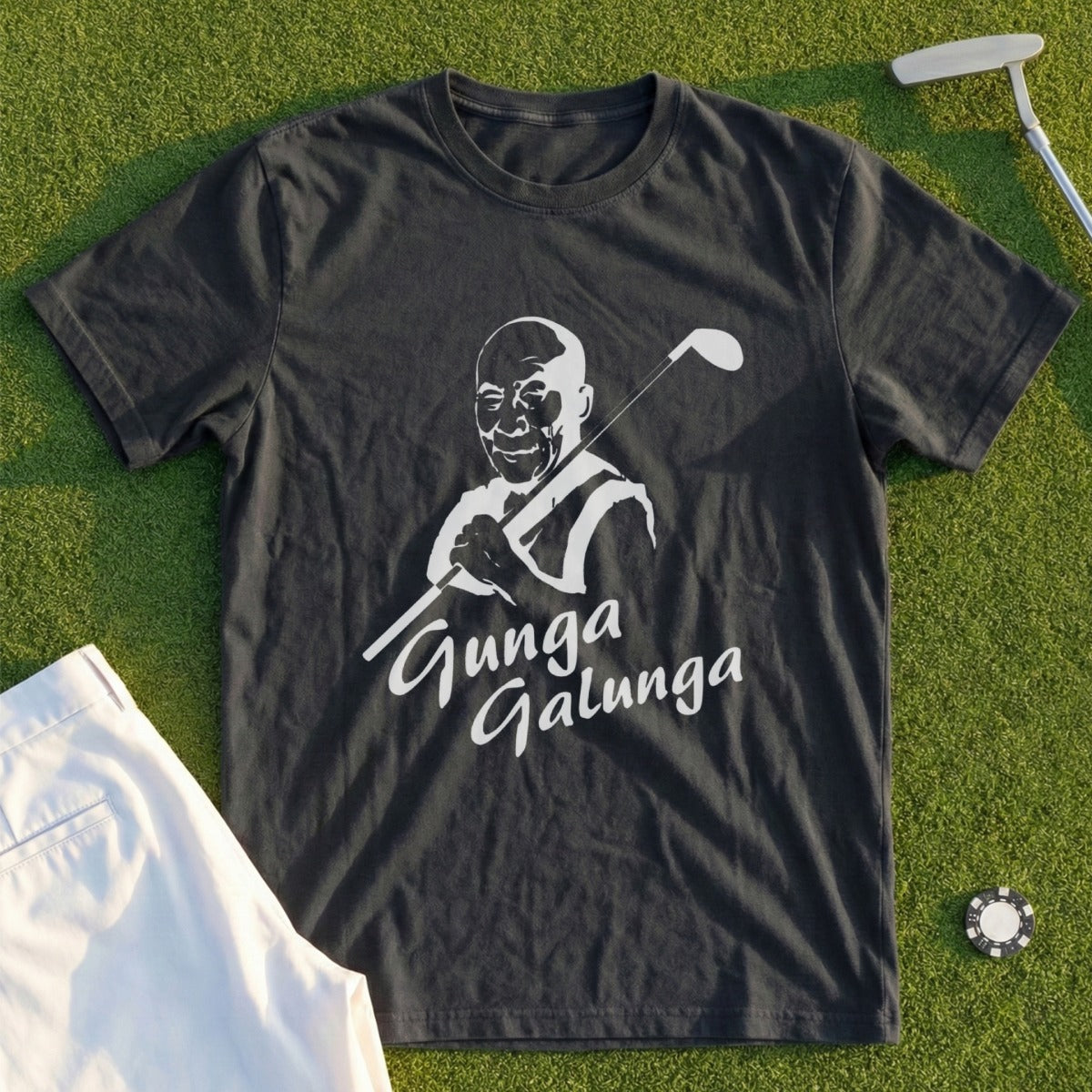 Black t-shirt with white text and graphic of a man holding a golf club.