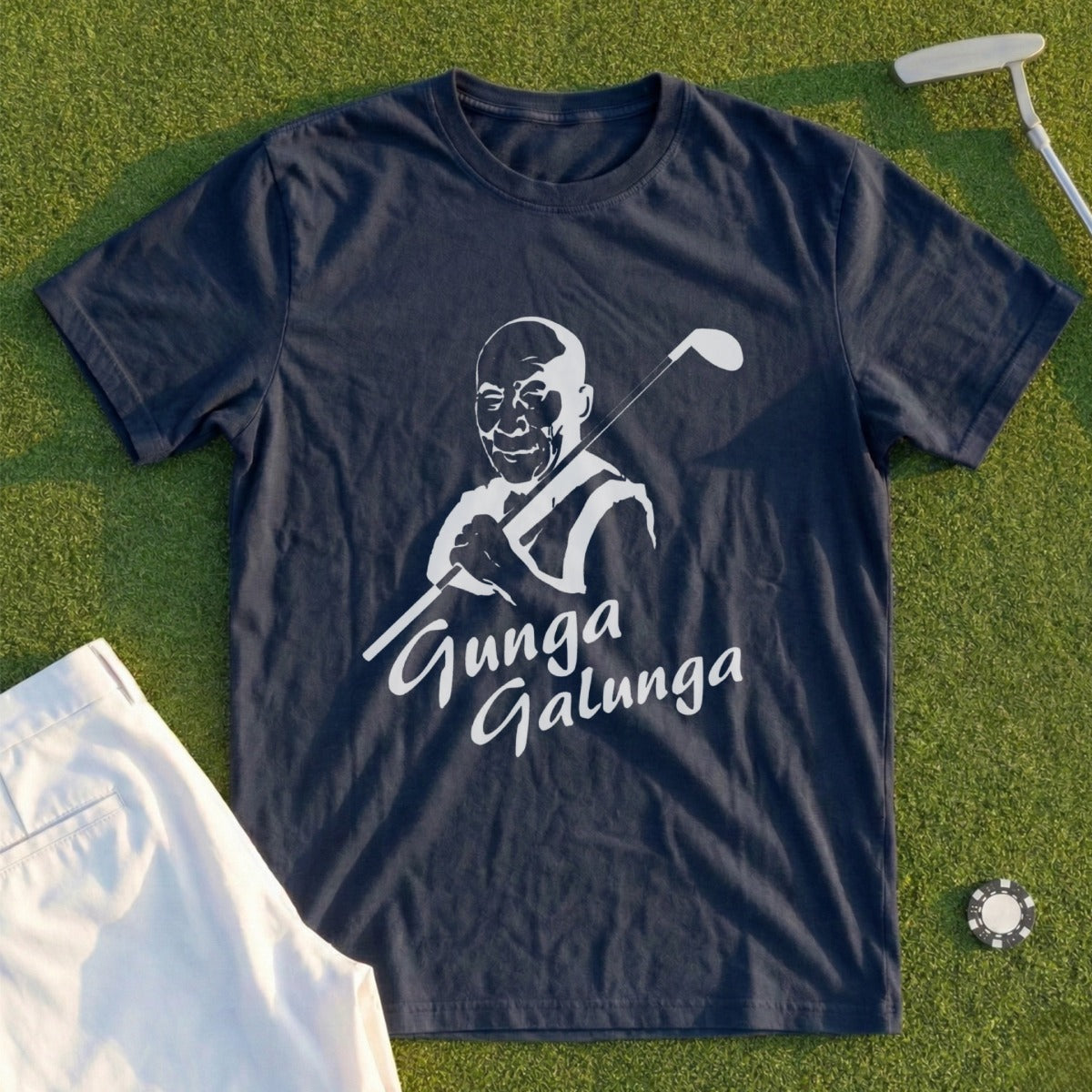 Dark navy t-shirt with white graphic of a man holding a golf club and text.