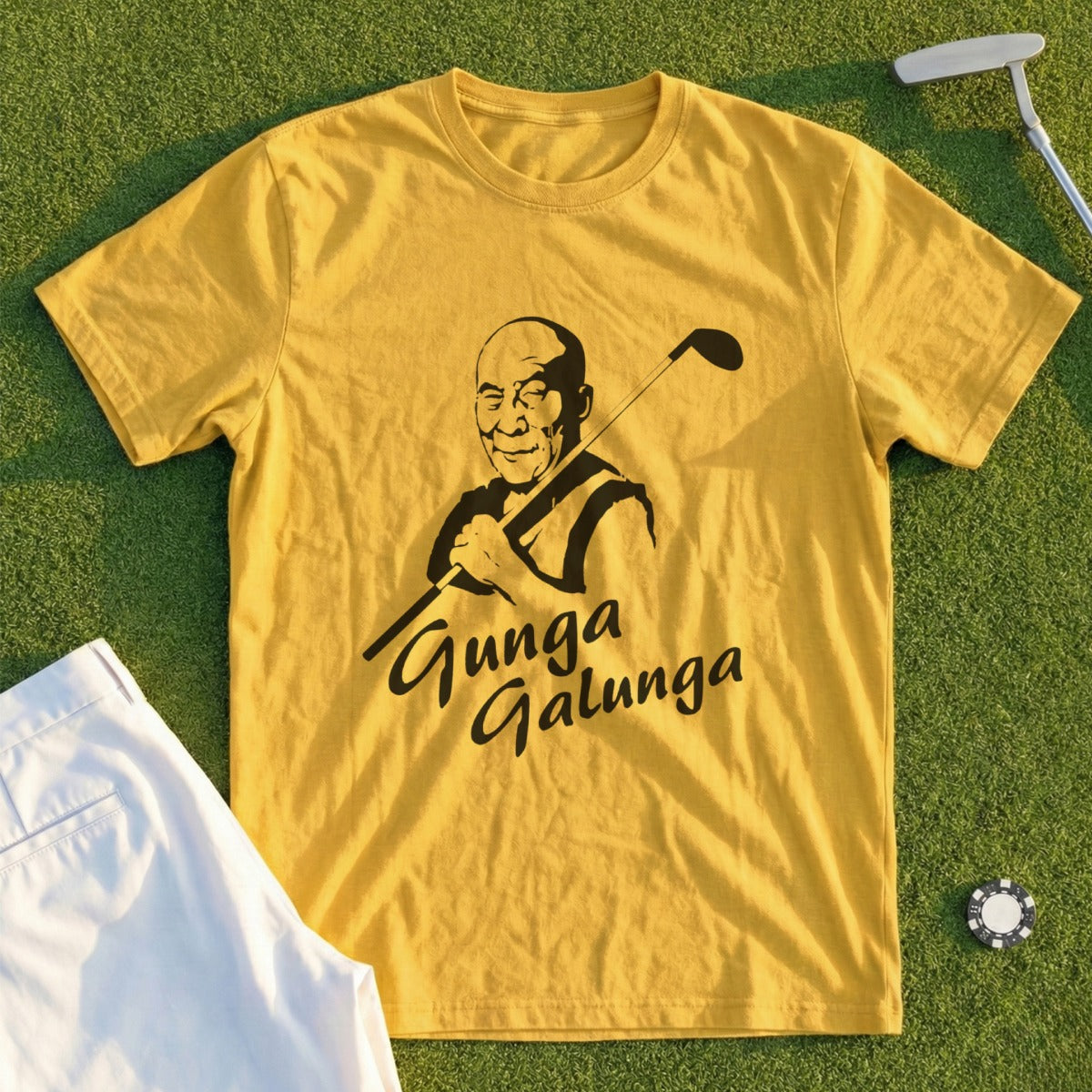 Yellow t-shirt featuring Dalai Lama graphic and "Gunga Galunga" text.