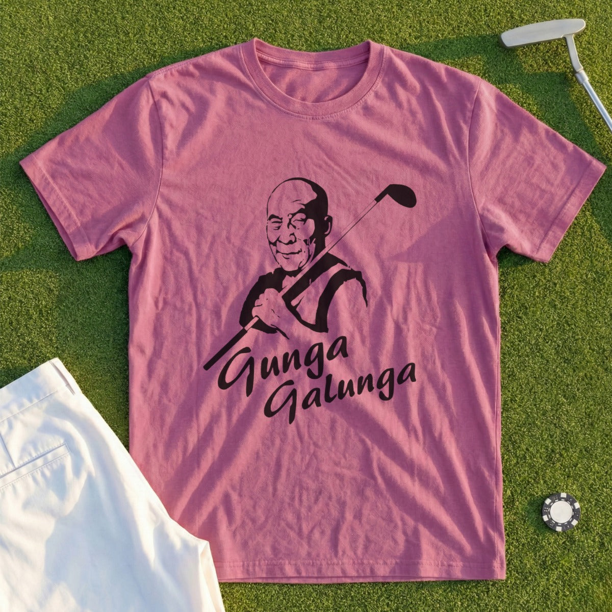 Rose t-shirt with Dalai Lama graphic and "Gunga Galunga" text.