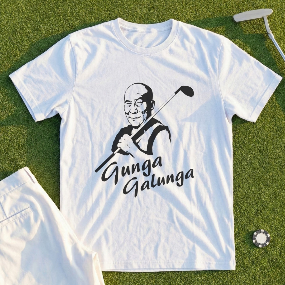 White t-shirt featuring a graphic of the Dalai Lama with a golf club and "Gunga Galunga" text.