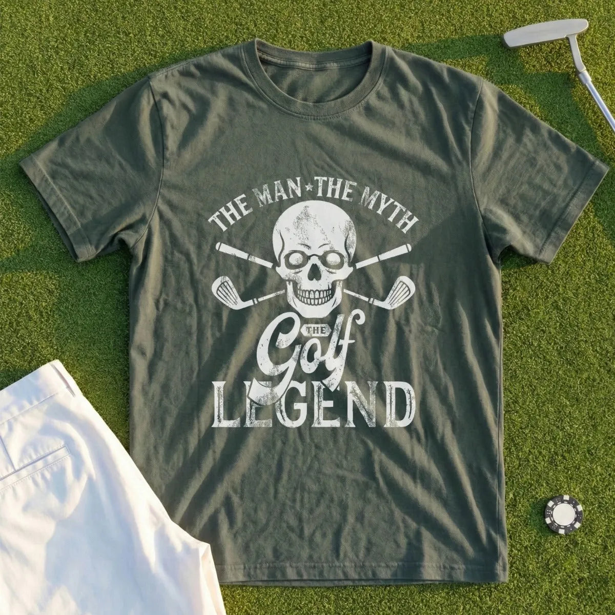 Olive t-shirt with skull, golf clubs, and "The Man The Myth The Golf Legend" text.