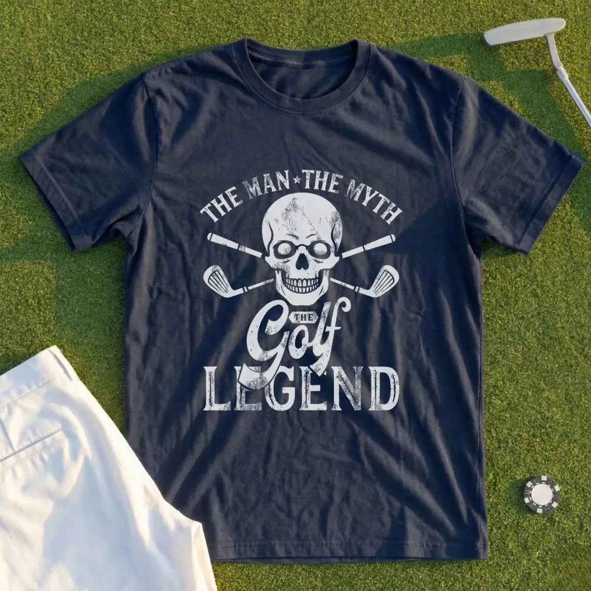 Navy t-shirt with skull, golf clubs, and "The Man The Myth The Golf Legend" text.