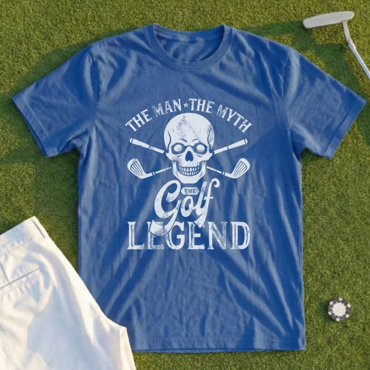 Blue t-shirt with skull, crossed golf clubs, and "The Man The Myth The Golf Legend" text.