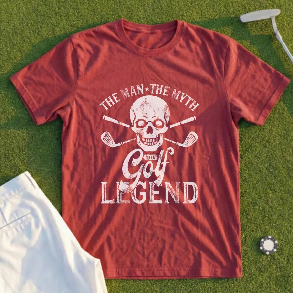 Crimson t-shirt with skull, golf clubs, and "The Man The Myth The Golf Legend" text.