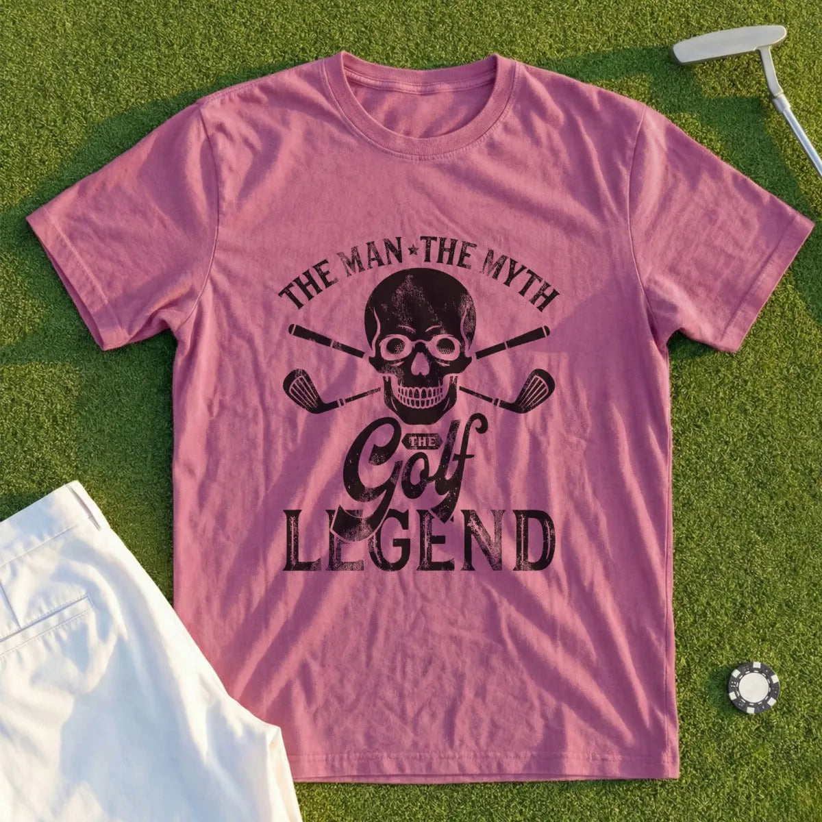 Skull and crossed golf clubs with text "The Man The Myth The Golf Legend."
