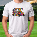 Tie Dye Golf Cart Tee worn on the golf course, White