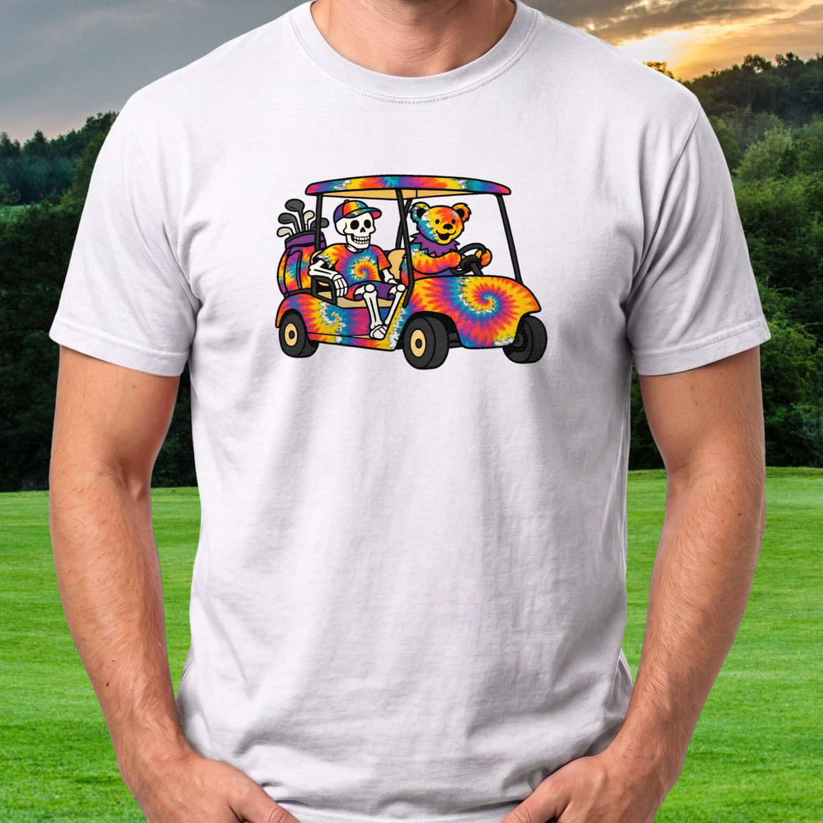 Tie Dye Golf Cart Tee worn on the golf course, White