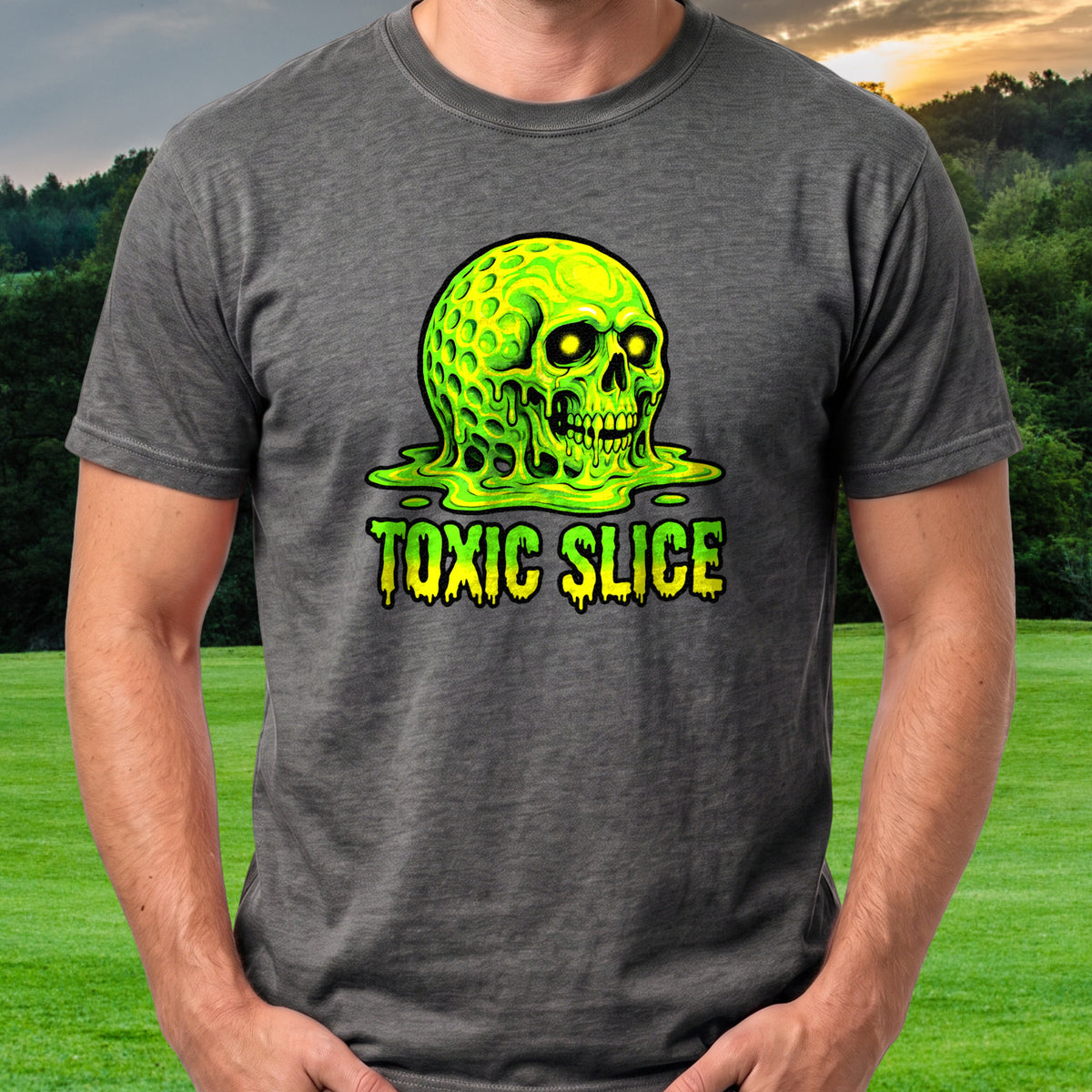 Toxic Slice Tee worn on the golf course, Dark Heather