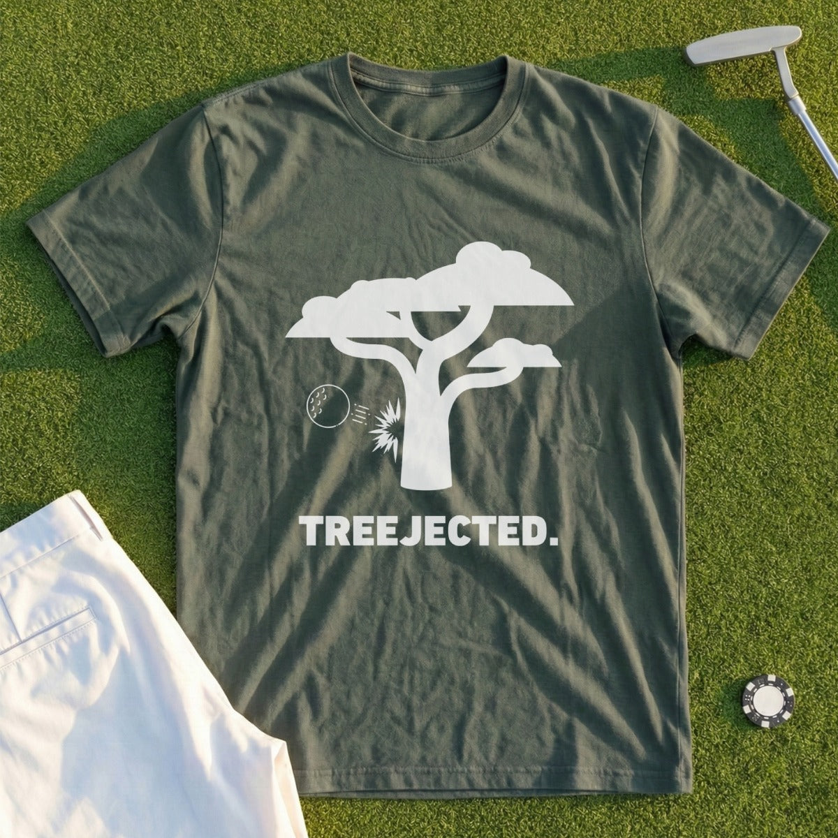 Olive green t-shirt with a white tree graphic and "TREEJECTED." text.