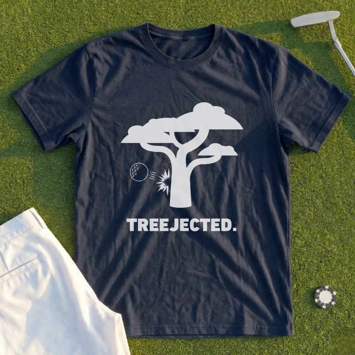 Dark blue t-shirt with white tree graphic and "TREEJECTED." text.