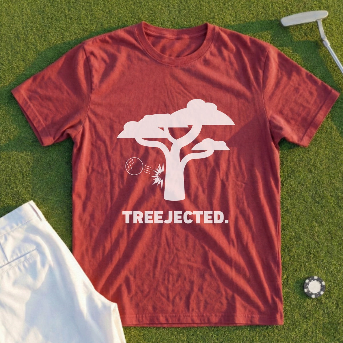Maroon t-shirt with white tree logo and "TREEJECTED." text.