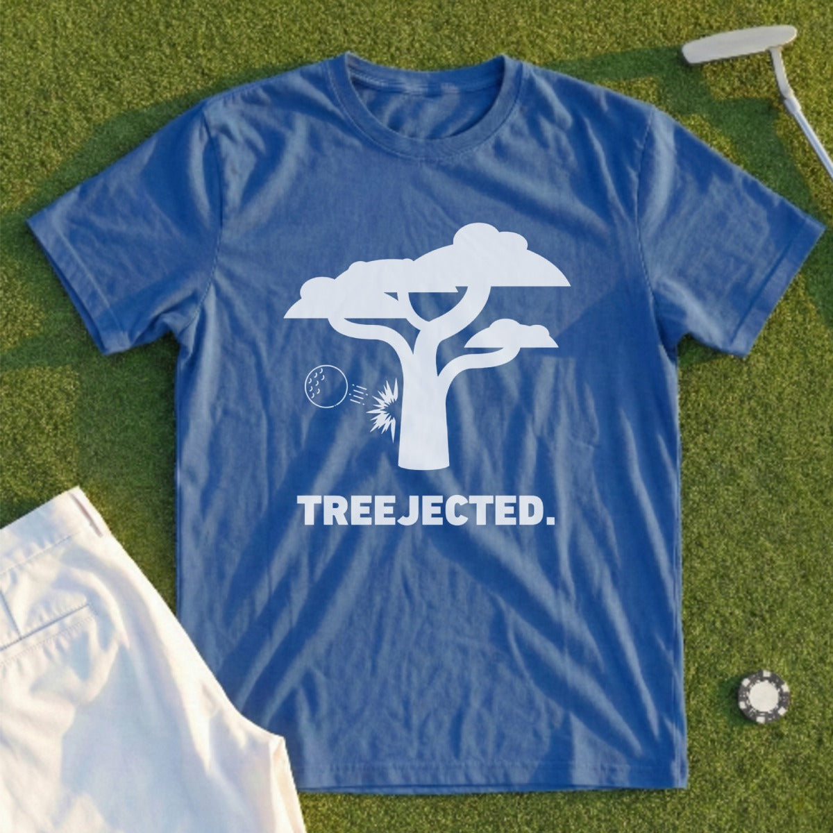Blue t-shirt with white tree graphic and "TREEJECTED." text.