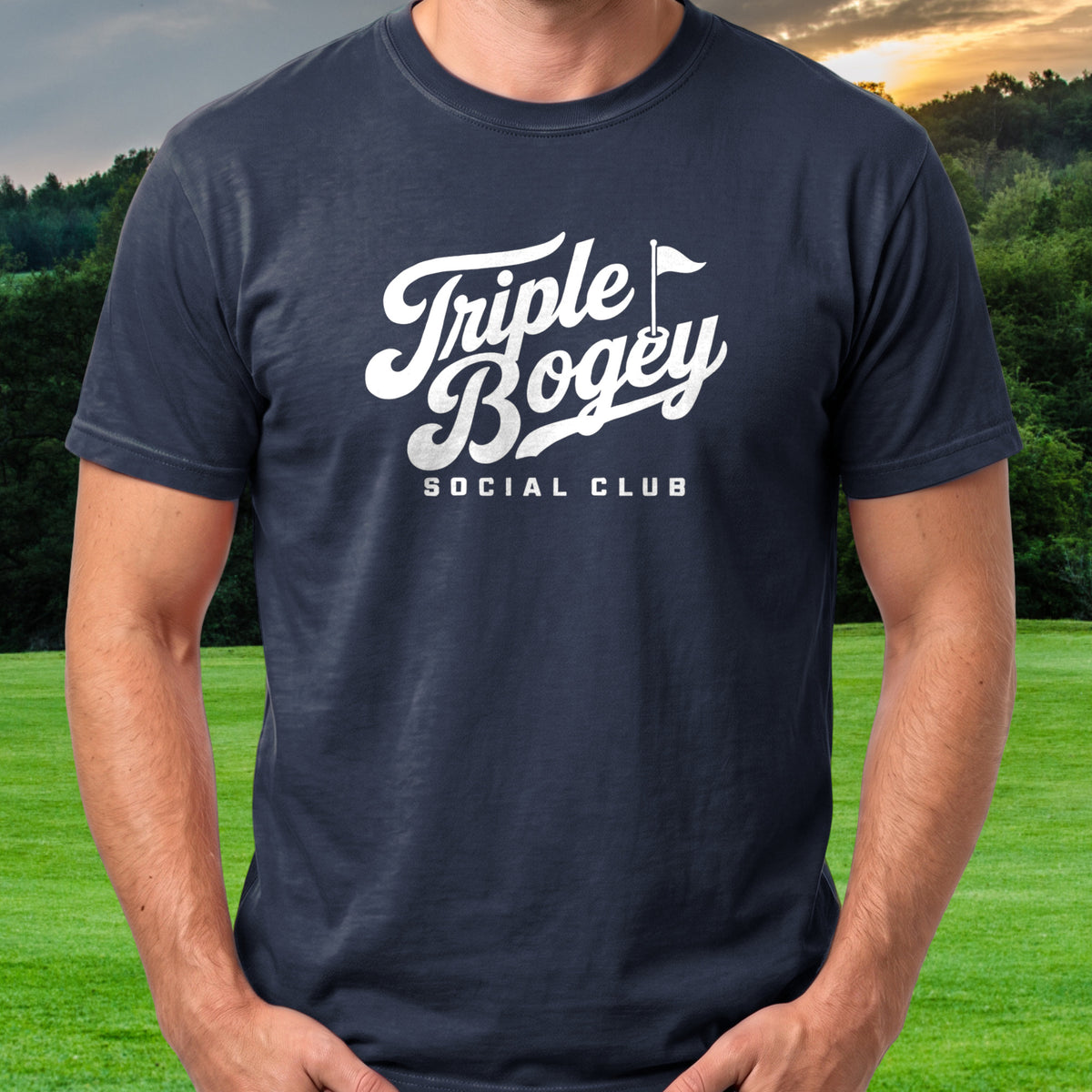 Triple Bogey Social Club Tee worn on the golf course, Navy