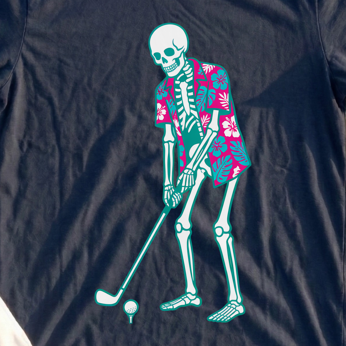 Tropical Skeleton, Driving Off The Tee, print close-up on Navy