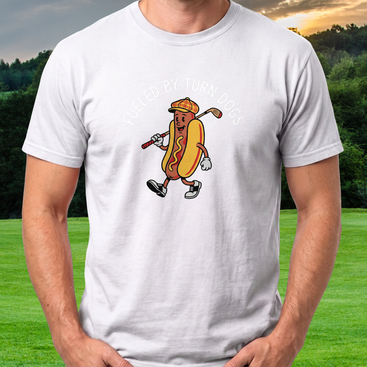 Turn Dog Fuel Tee worn on the golf course, White