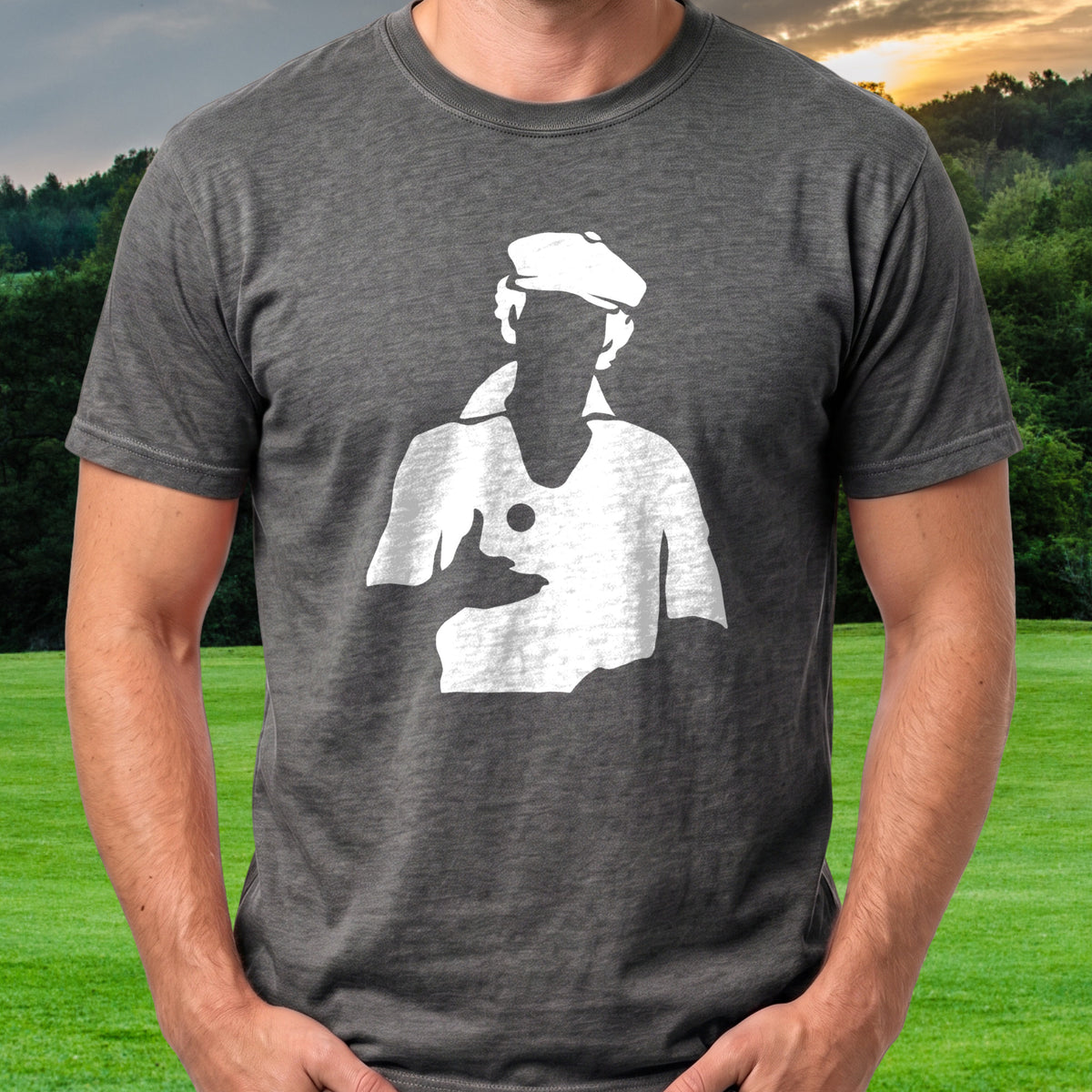 Ty Webb Silhouette Tee worn on the golf course, Dark Heather