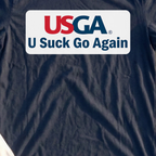U Suck Go Again Tee, print close-up on Navy
