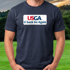 U Suck Go Again Tee worn on the golf course, Navy