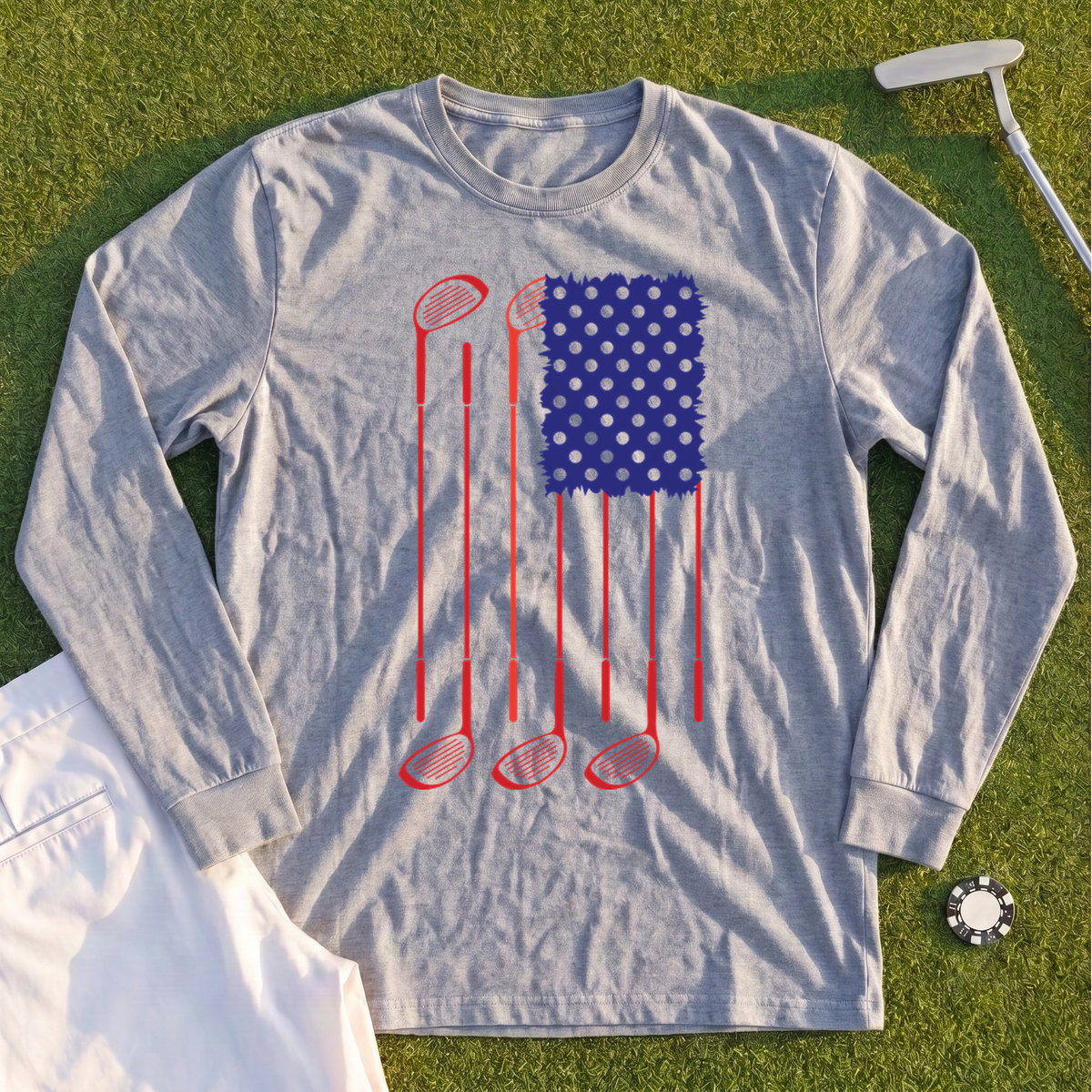 USA Flag Clubs & Balls Long Sleeve Tee