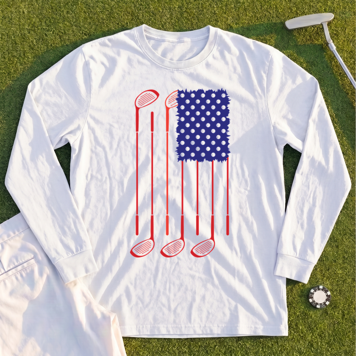 USA Flag Clubs & Balls Long Sleeve Tee