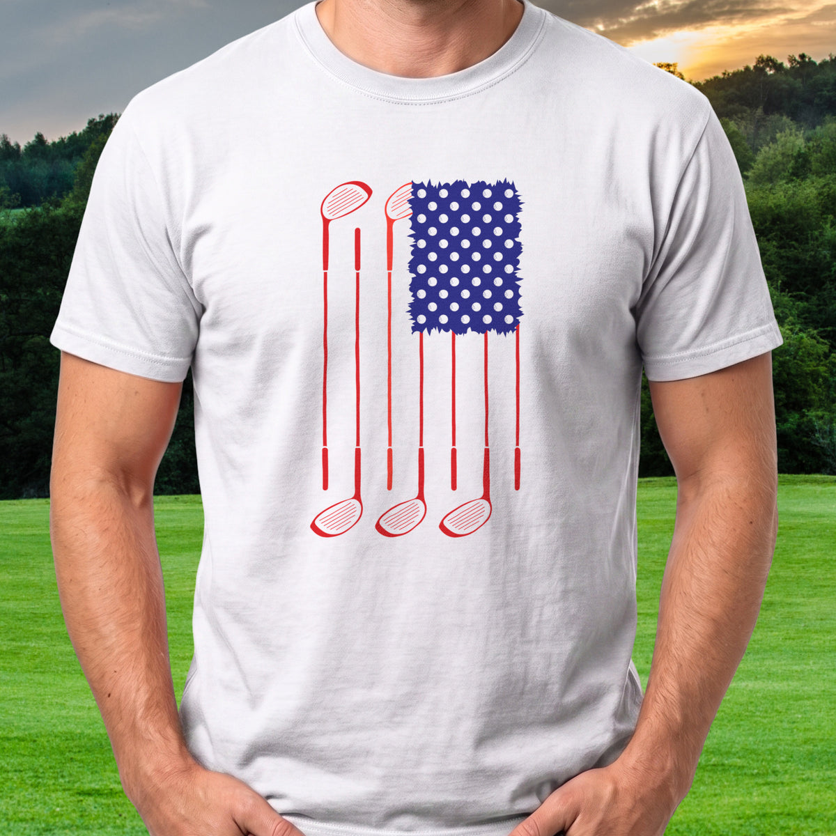 USA Flag Clubs & Balls Tee worn on the golf course, White