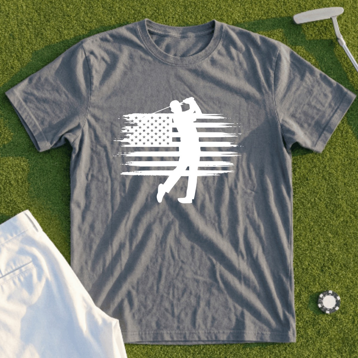 Gray t-shirt with a white distressed American flag and a golfer graphic.