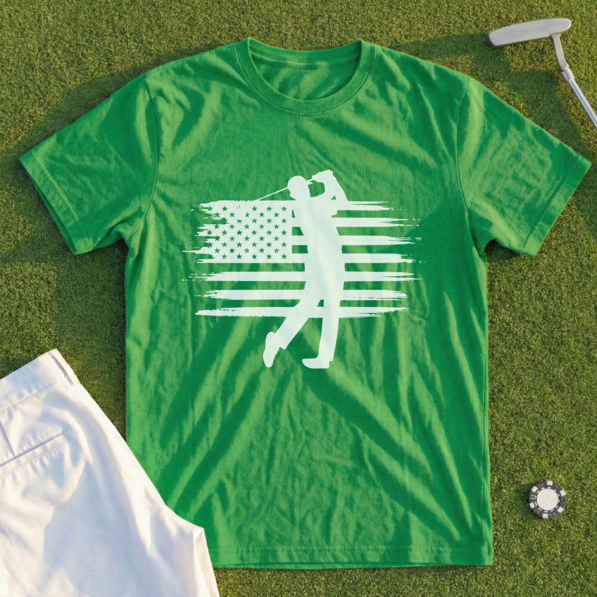Green t-shirt with golfer silhouette and American flag design.