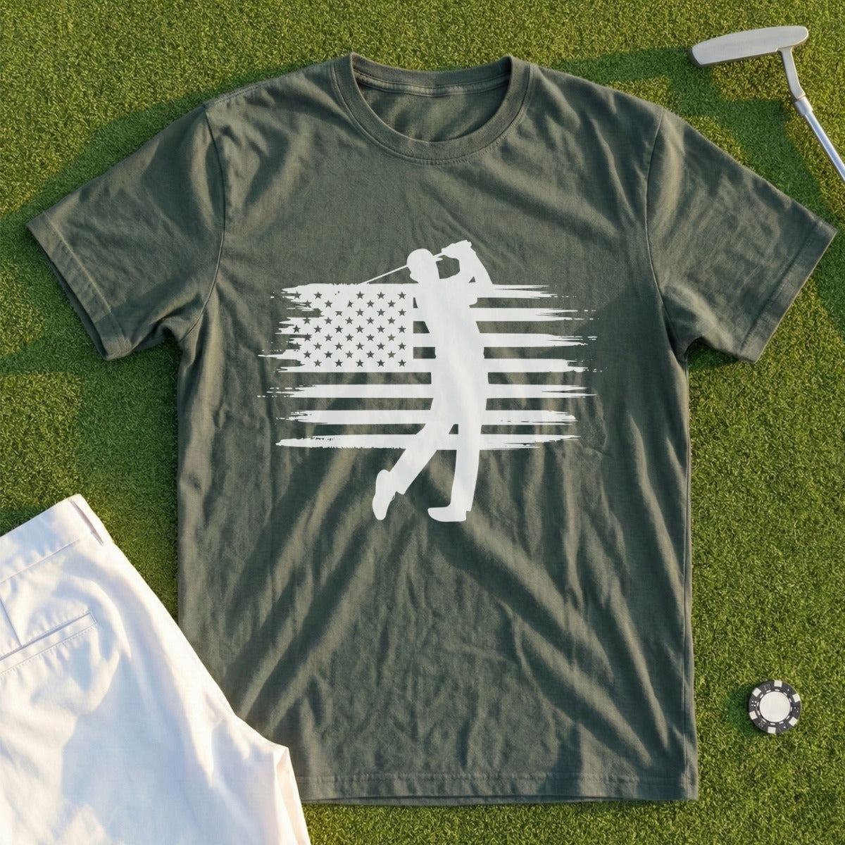 Green t-shirt with white golfer silhouette and American flag graphic.
