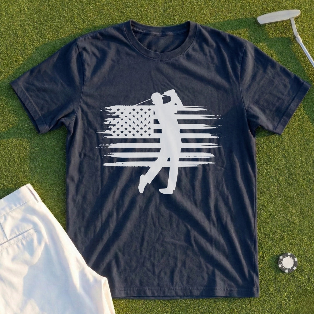 Navy t-shirt with white distressed American flag and golfer silhouette.