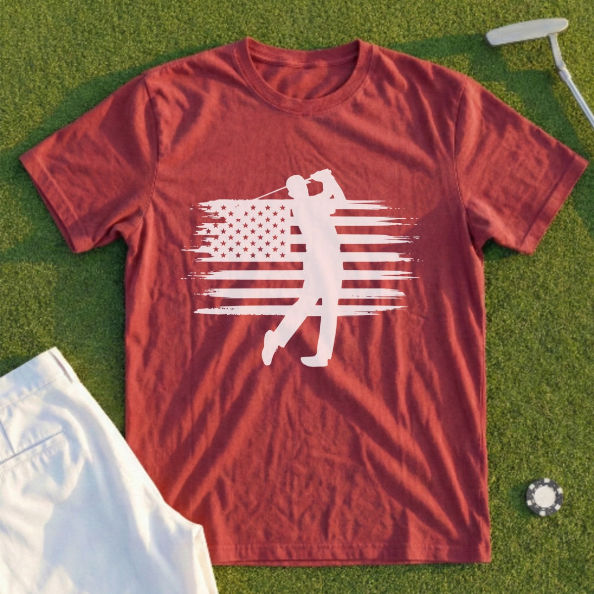 Maroon t-shirt with white golfer silhouette over American flag design.