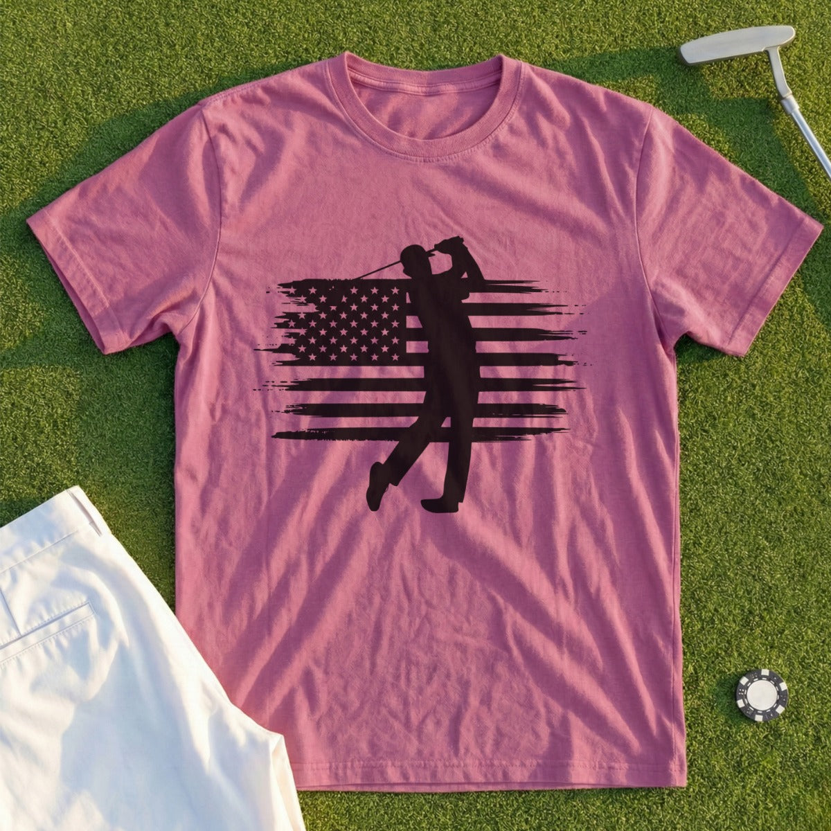 Pink t-shirt with distressed American flag and golfer silhouette.