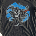 Ukiyo-e Woodblock Golfer In A Storm Tee, print close-up on Black