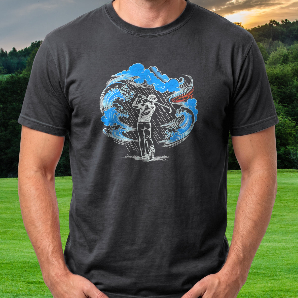 Ukiyo-e Woodblock Golfer In A Storm Tee worn on the golf course, Black