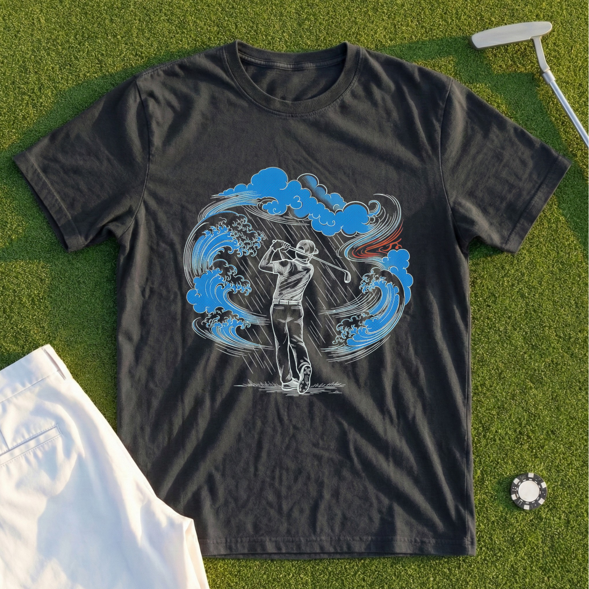 Ukiyo-e Woodblock Golfer In A Storm Tee
