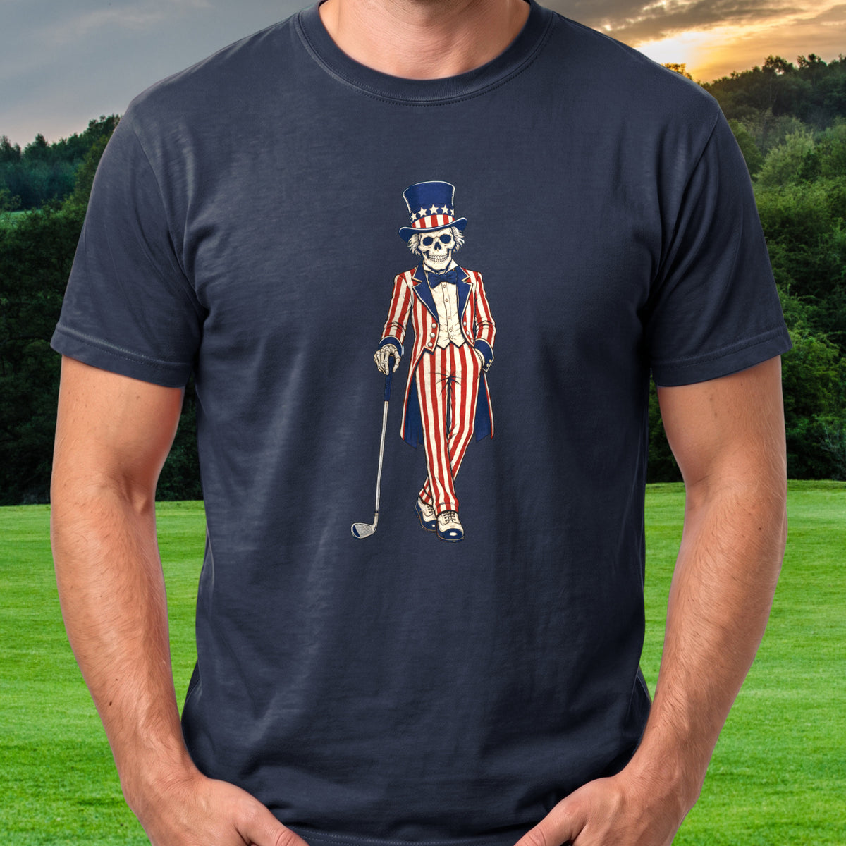 Uncle Sam Golfer Tee worn on the golf course, Navy