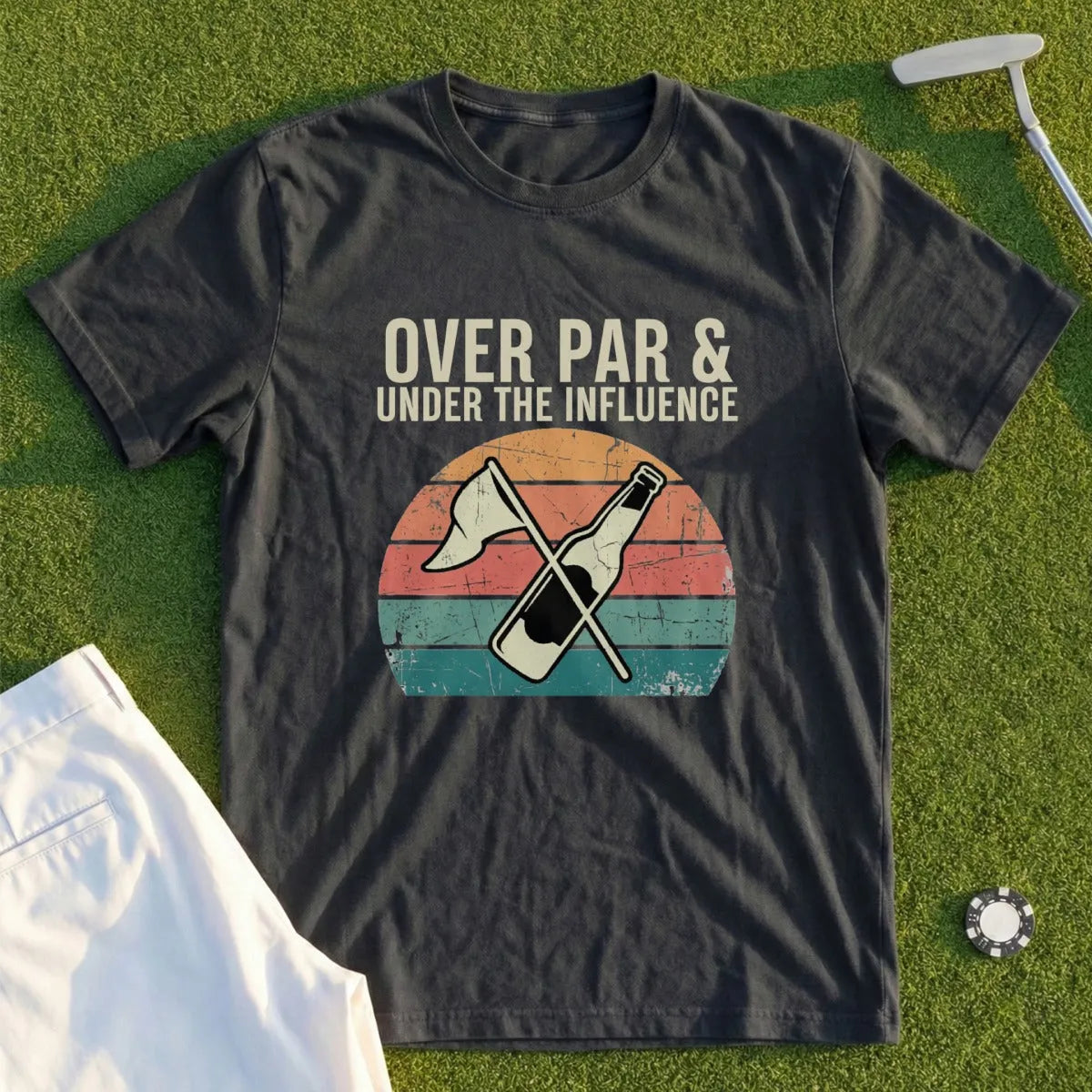 T-shirt with "Over Par & Under the Influence" and beer bottle graphic.
