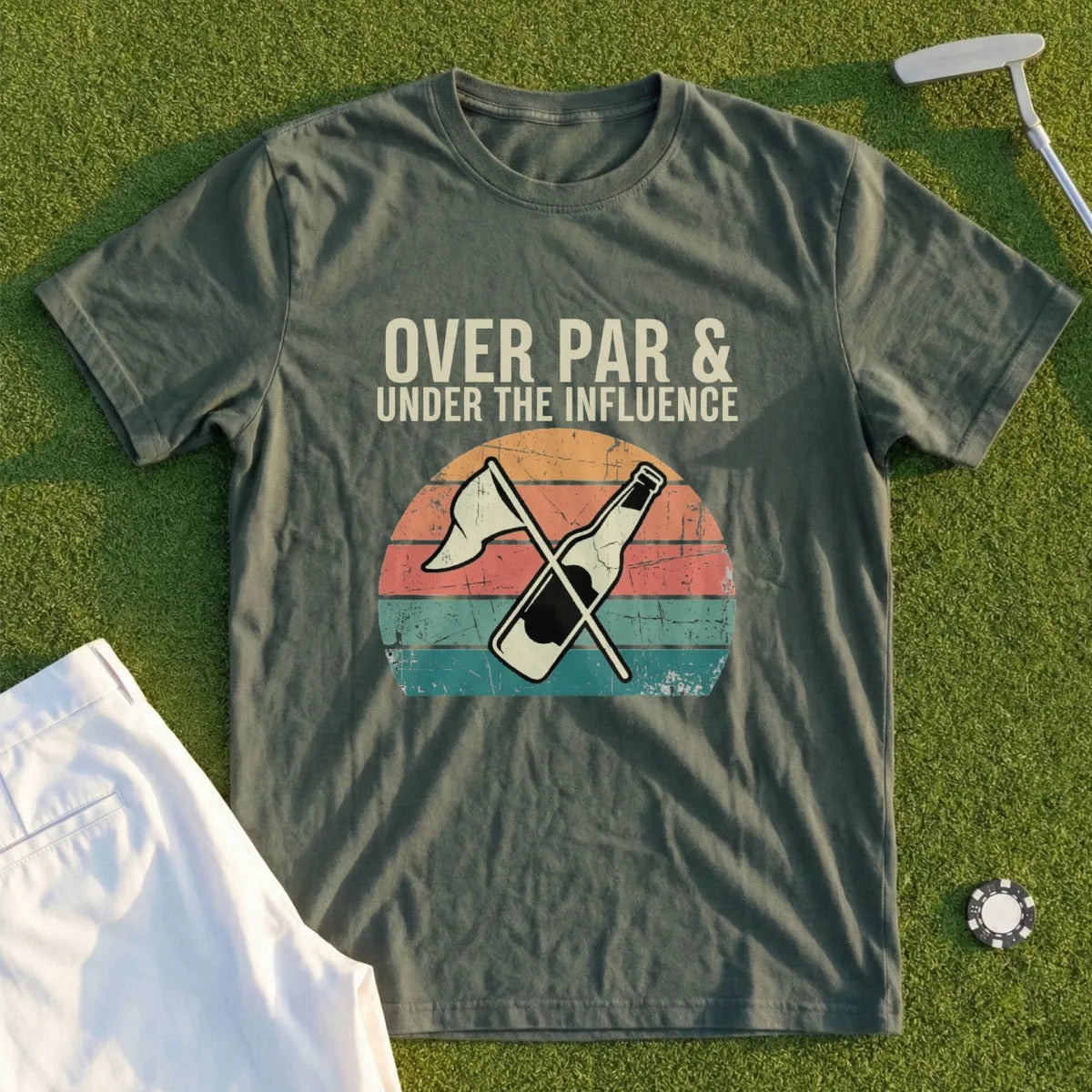 Green t-shirt with "Over Par & Under the Influence" text and a beer bottle.