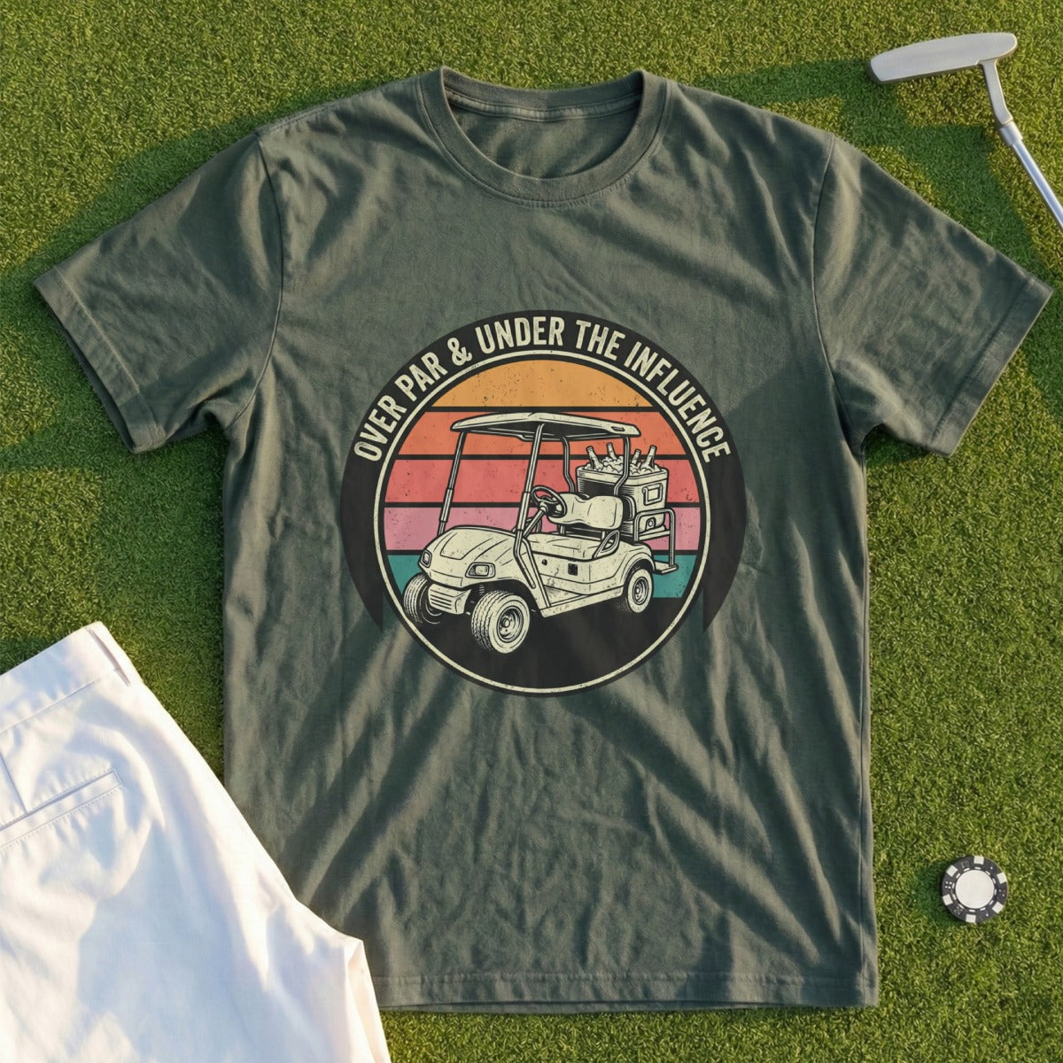 Golf cart graphic with "Over Par & Under the Influence" text on a green t-shirt.