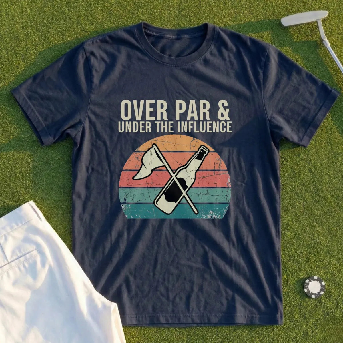 Dark blue t-shirt with "Over Par & Under The Influence" text and beer bottle graphic.