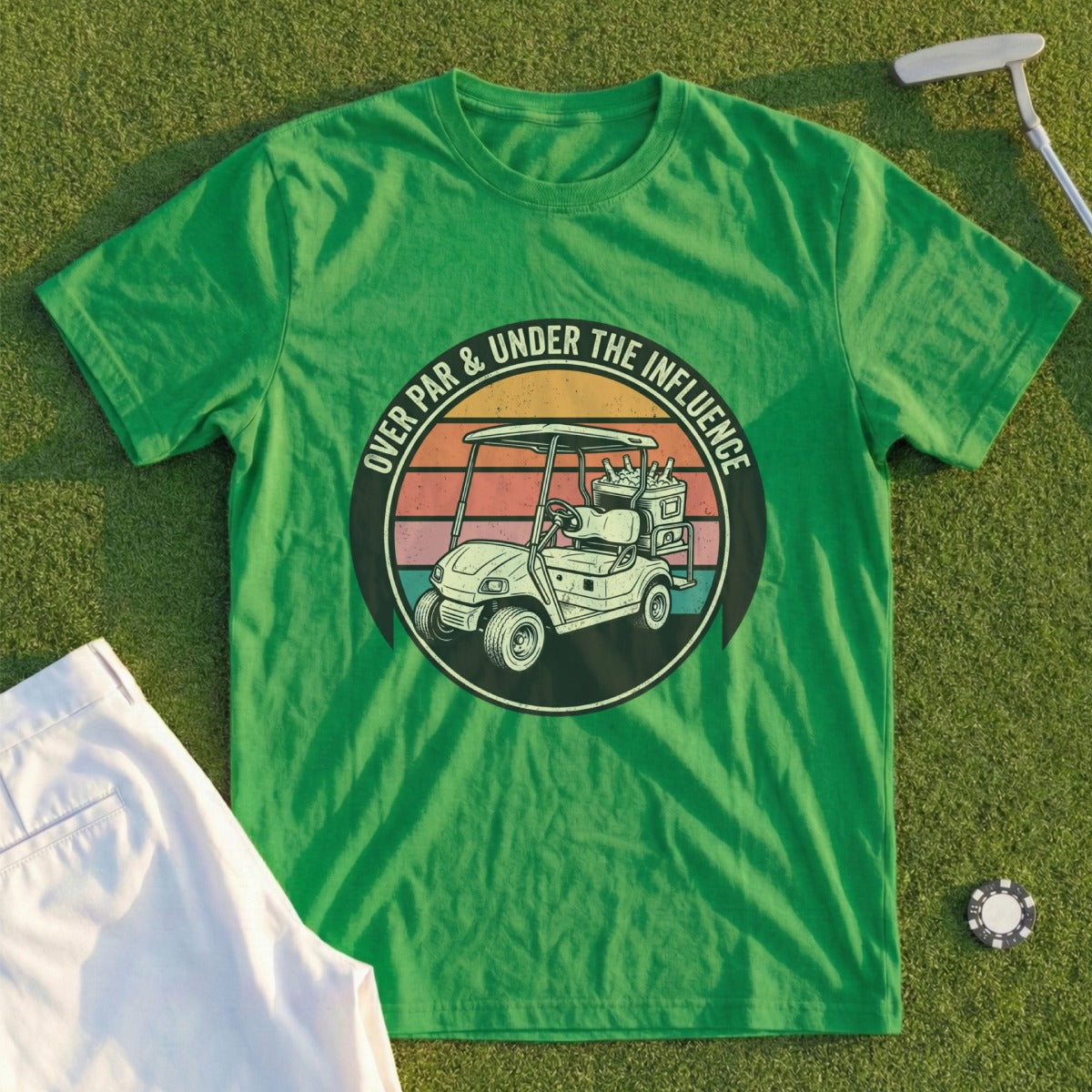 Green t-shirt with a golf cart graphic and "Over Par & Under the Influence" text.