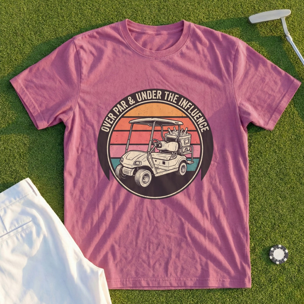 T-shirt with a graphic of a golf cart and text "Over Par & Under The Influence".