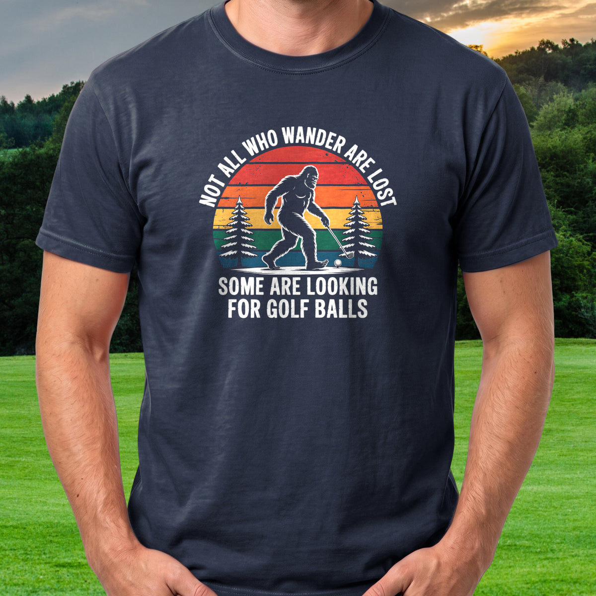 Wandering Sasquatch Tee worn on the golf course, Navy