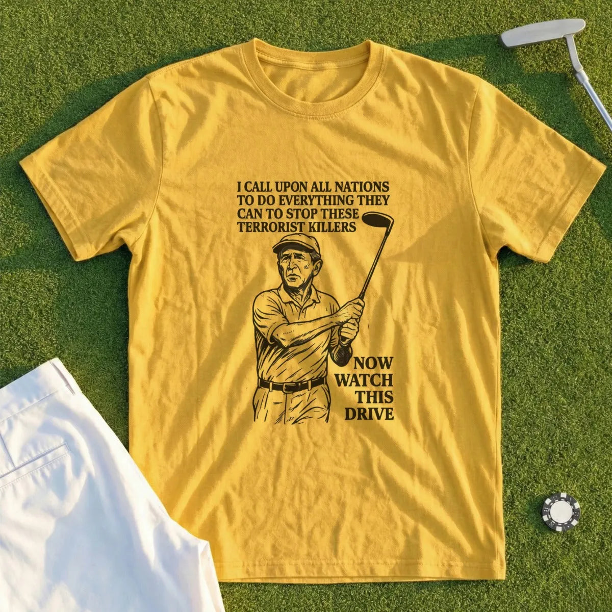 Yellow t-shirt with a drawing of a golfer and text about stopping terrorist killers.