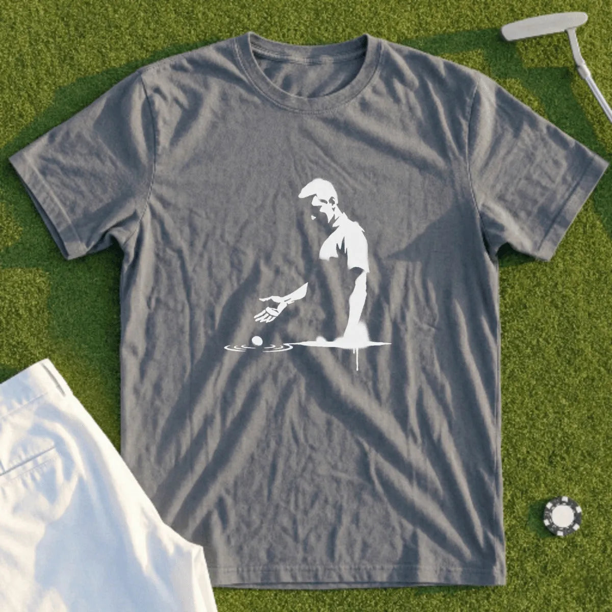 Gray t-shirt with white graphic of a man playing golf.