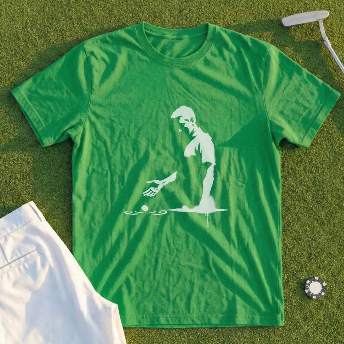Green t-shirt with white silhouette of a golfer about to putt a golf ball.