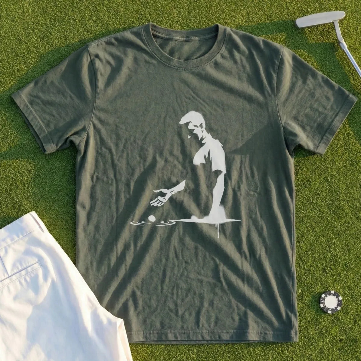 Olive green t-shirt with white stencil art of a golfer preparing to putt.